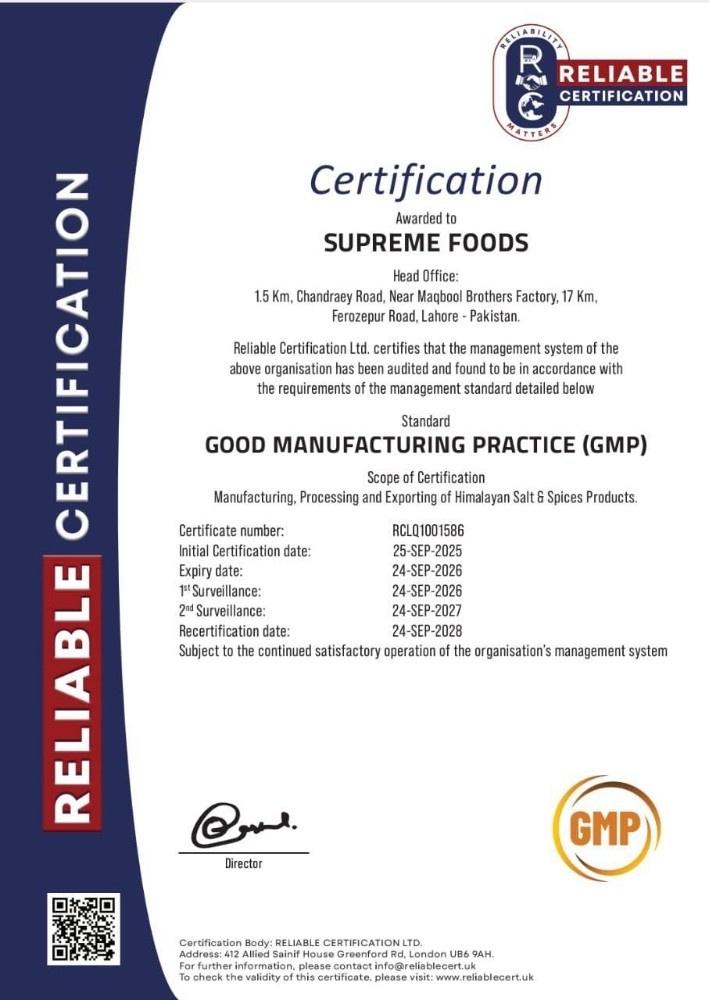 Yummy Himalayan Salt GMP Good Manufacturing Practice Certificate