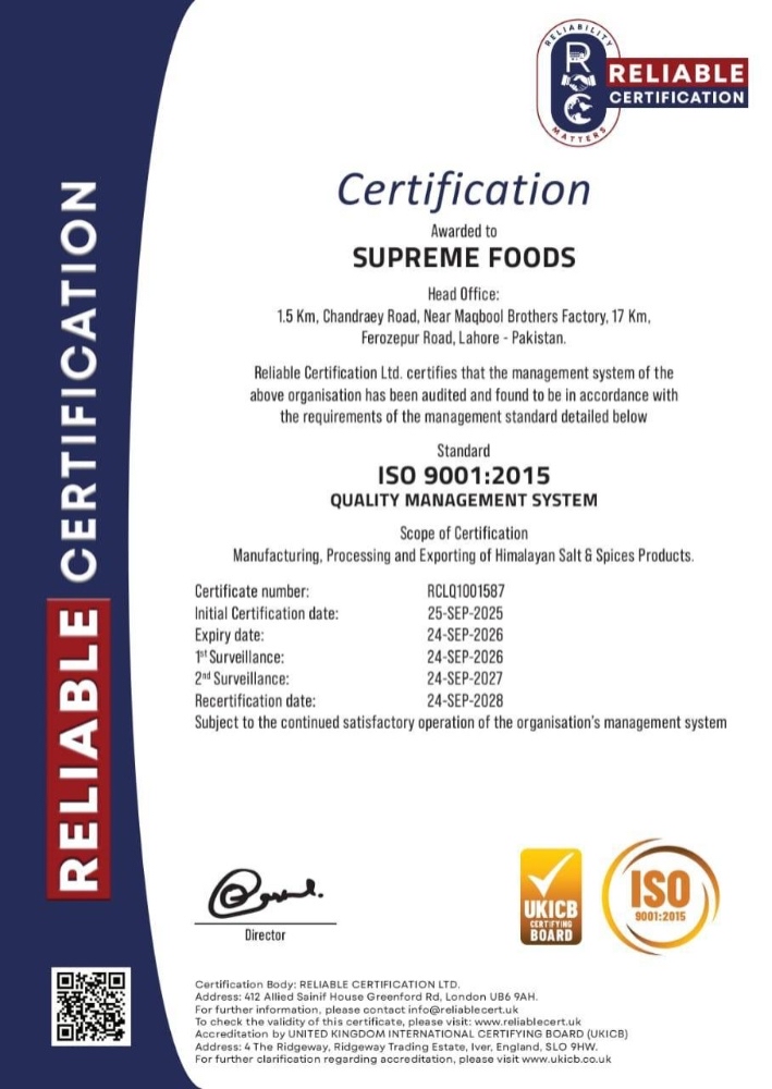 Yummy Himalayan Salt ISO 9001-2015 Quality Management Certificate