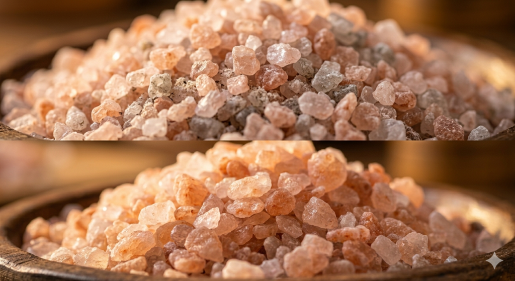 เปรียบเทียบเกลือชมพูหลายเกรดและหลายราคา แสดงความต่างด้านคุณภาพ การคัดเลือก และบรรจุภัณฑ์