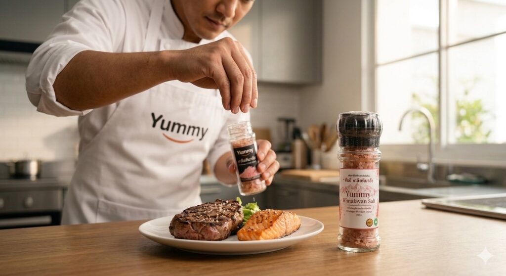 Chef Simon seasoning steak and salmon with Himalayan pink salt, demonstrating the philosophy of simple cooking and letting natural ingredients shine.