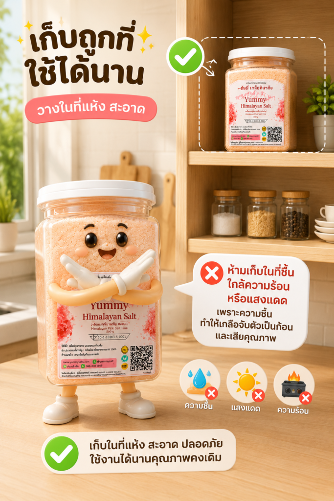 เกลือหิมาลัยเก็บได้นานไหม ต้องแช่ตู้เย็นหรือเปล่า? เรียนรู้วิธีเก็บรักษาเกลือหิมาลัยที่ถูกต้อง วิธีตรวจสอบก่อนใช้งาน และคำแนะนำจากประสบการณ์จริงของ Yummy เพื่อให้เกลือคงคุณภาพและพร้อมใช้งานในทุกมื้ออาหาร